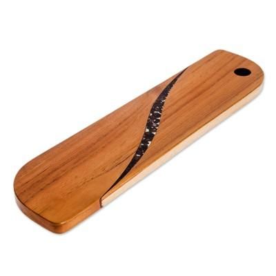 'Coffee-Themed Long Teak Wood Charcuterie from Costa Rica'