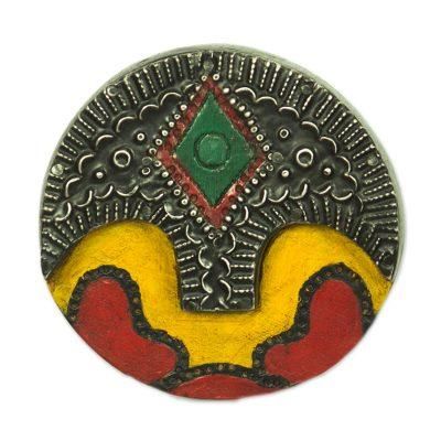 Round Face,'Round African Wood and Aluminum Mask from Ghana'