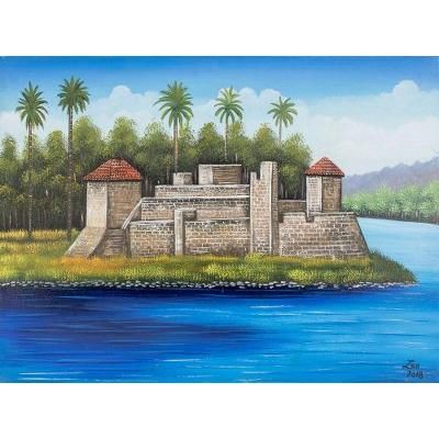Castle of San Felipe de Lara,'Signed Folk Art Painting of a Guatemalan Ruin'