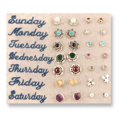 Life Gems,'Set of 14 Gemstone Stud Earrings in a Polished Finish'