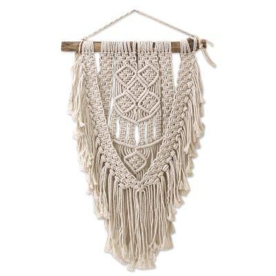 Dawn in Tegalalang,'Macrame Cotton Wall Hanging in Ivory from Bali'
