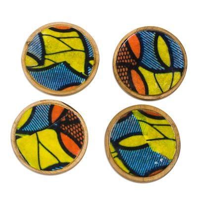 Vibrant Ntoma,'Vibrant Wood and Cotton Coasters from Ghana (Set of 4)'