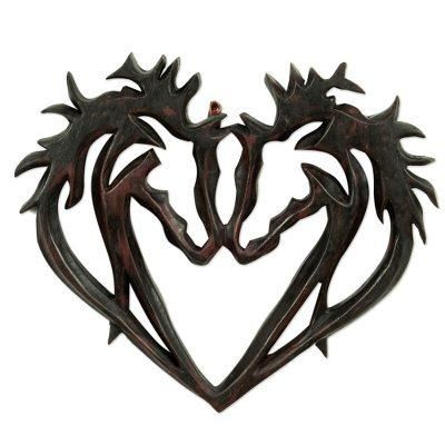 Sweet Love,'Hand Carved Heart-Motif Sese Wood Relief Panel'