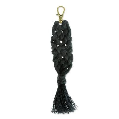 Black Structure,'Mexican Recycled Cotton Macrame Keychain in Black'