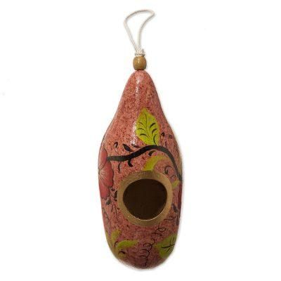 Blossoms on Blush,'Hand Painted Gourd Birdhouse from Peru'