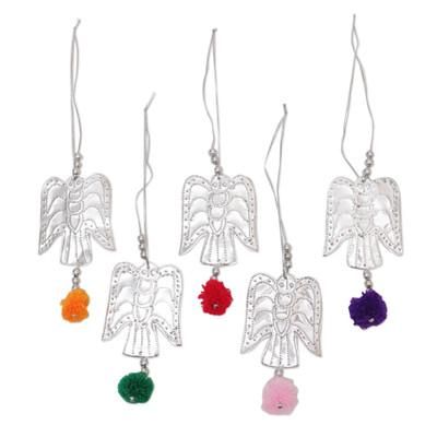 Angelic Sparkles,'Set of 5 Handcrafted Embossed Angel Ornaments with Pompoms'