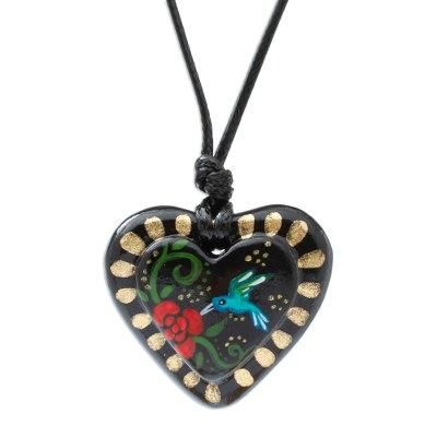 Golden Night Hummingbird,'Hand Painted Heart Shaped Hummingbird Pendant Necklace'