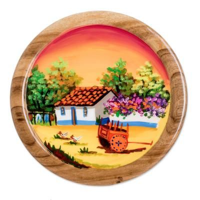 'Cedar Wood Hand-Painted Decorative Plate from Costa Rica'