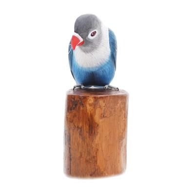 Blue Lovebird,'Handcrafted Suar Wood Blue Bird Sculpture with Wooden Base'