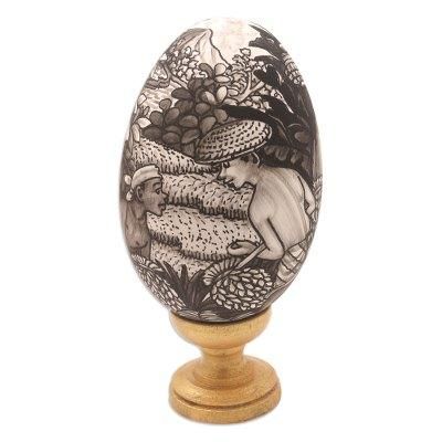 Rice Farmer,'Artisan Crafted Balinese Wood Egg Sculpture'