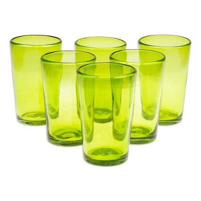 Refreshing Forest,'Set of 6 Handblown Recycled Glass Tumblers in Green'