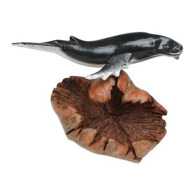 Grey Whale,'Wood Sculpture of Grey Whale with Mushroom-Shaped Base'