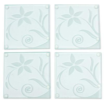 Gentle Desert Breeze,'Glass Coasters with Delicate Flower Motif (Set of 4)'