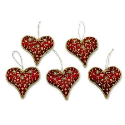 Beaded ornaments, 'Burgundy Heart' (set of 5)