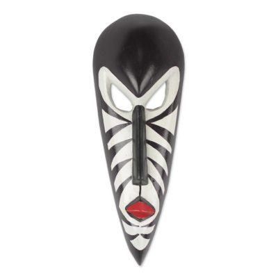 Love Stripes,'Handcrafted Wood African Mask in Black and White from Ghana'
