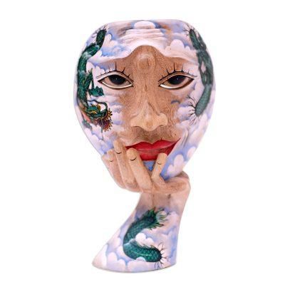 Dragon Sky,'Surreal Handpainted Wood Mask with Dragon Motif'
