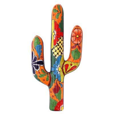 Desert Saguaro,'Floral Cactus Talavera-Style Ceramic Wall Sculpture'