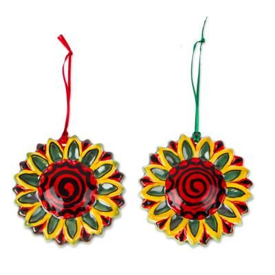 Holiday Sunflowers,'Artisan Crafted Ceramic Sunflower Ornaments (Pair)'