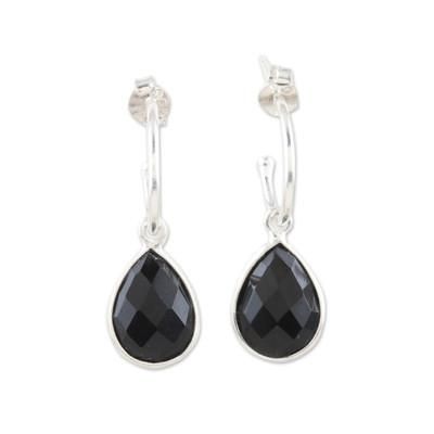 Fabulous Black,'Sterling Silver Half-Hoop Earrings with Onyx Gemstone'