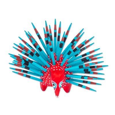 'Hand-Painted Wood Alebrije Porcupine Figurine in Red'