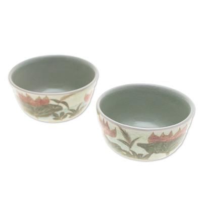 '2 Hand-Painted Celadon Ceramic Floral & Leaf Dessert Bowls'
