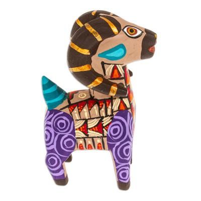 'Copal Wood Alebrije Sheep Figurine Hand-Painted in Purple'