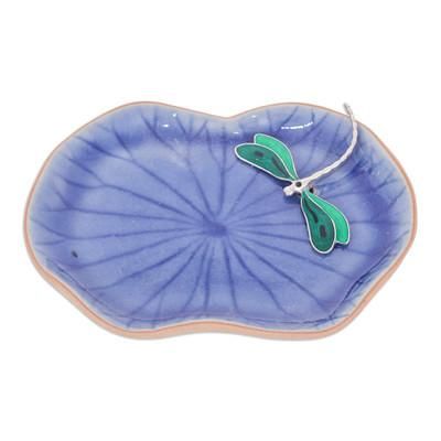 'Handcrafted Blue Dragonfly-Themed Celadon Ceramic Catchall'