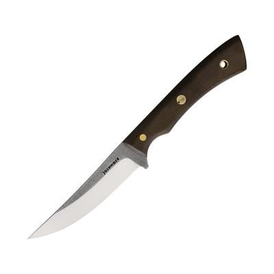 Join or Die Knives Bird & Trout Fixed Blade Knife 8.25in Overall 3.75in Satin Nitro V Steel Blade Green Canvas Micarta Handle Brown Leather Belt