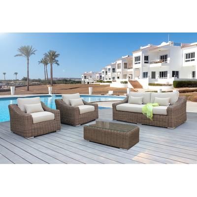 Lana 4-Piece Outdoor Wicker Furniture Set in Brown with Wicker Coffee Table - Outsy 0ASV-R01-BR-R