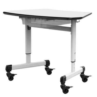 Luxor MBS-DESK Trapezoid Mobile Student Desk w/ Adjustable Height - Steel Frame & Laminate Top, White, Drawer