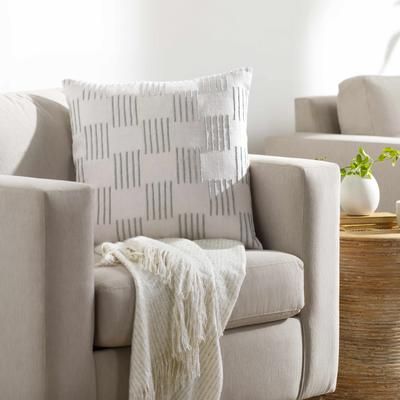 Kanha 22" Square Cottage Cotton Off White/Light Silver/Pale Slate/Ivory/Slate Gray Throw Pillow - Boutique Rugs