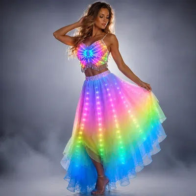 LED Color Lights Women Belly Dance Split Skirt Sexy Professional Bellydance Training Clothes Dancing Costumes