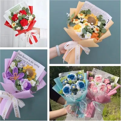 Finished Crochet bouquet Rope Artificial Flowers Stuffed Plants Wedding Valentine Mothers' Day Birthday Graduation Gifts
