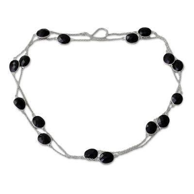 'Duduma Majesty' - Sterling Silver with Onyx Station Necklace from India