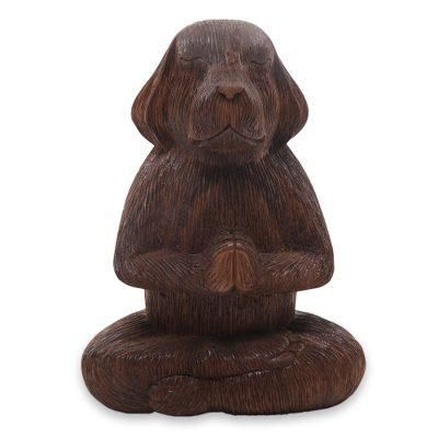 Wood sculpture, 'Meditating Long-Haired Puppy'