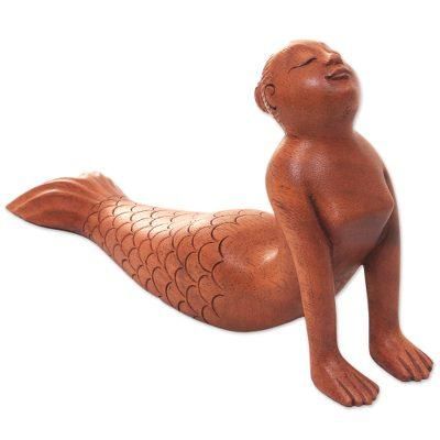 Bhujangasana Mermaid,'Signed Artisan Carved Mermaid and Yoga Theme Wood Sculpture'
