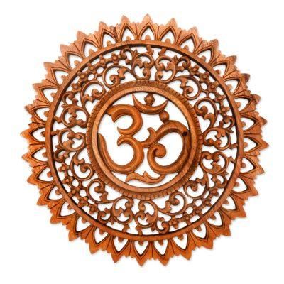 Lotus Om,'Hand Carved Suar Wood Sanskrit Om Sign Outlined with Lotuses'