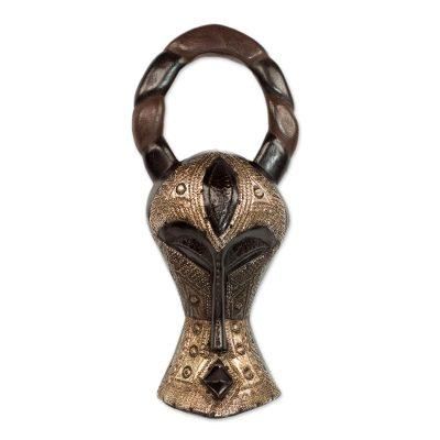 Boldly Shimmering,'Hand Crafted Sese Wood and Aluminum Wall Mask from Ghana'