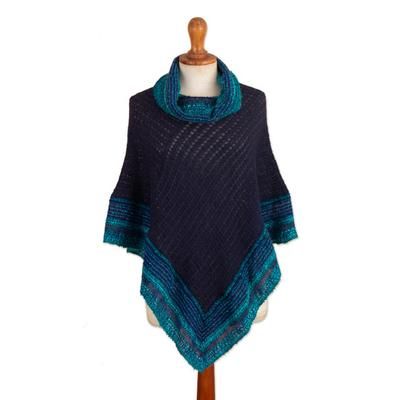Indigo Victory,'Handwoven Turquoise and Indigo Baby Alpaca Blend Poncho'