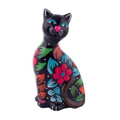 Sweet Cat in Black,'Ceramic Figurine of a Floral Black Cat from Peru'