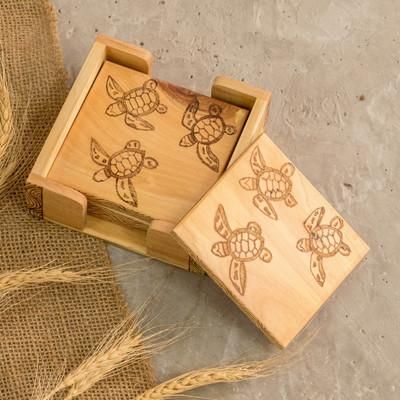 'Set of 4 Turtle-Themed Laurel Wood Coasters with Storage Box'