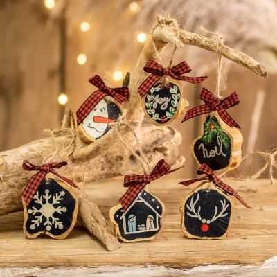 'Christmas-Themed Black Coffee Tree Wood Ornaments (Set of 6)'