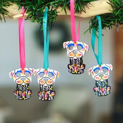 Day of the Dead Dog,'4 Wood Day of the Dead Skeleton Dog Ornaments with Ribbons'
