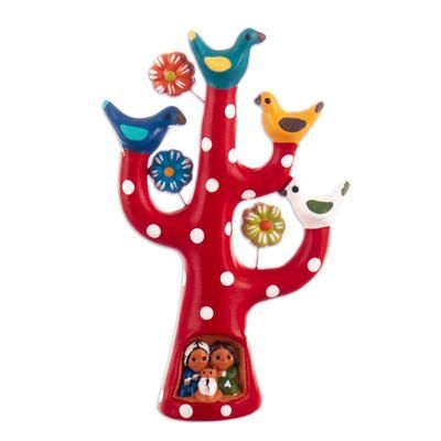 'Hand-Painted Tree-Shaped Floral Ceramic Sculpture in Red'