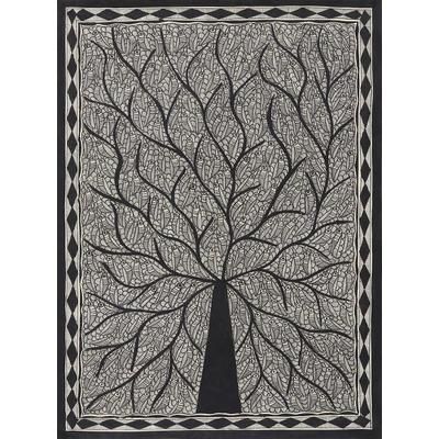 Abode of Birds,'Black and White Madhubani Tree Painting from India'