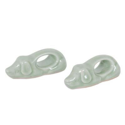 'Dog-Themed Green Celadon Ceramic Napkin Rings (Pair)'