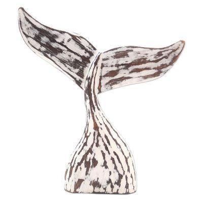 Whale Tale in White,'White Albesia Wood Whale Tale Statuette'