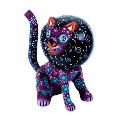 Insomniac Lion,'Purple Sleepy Lion Alebrije Carving with Detachable Tail'