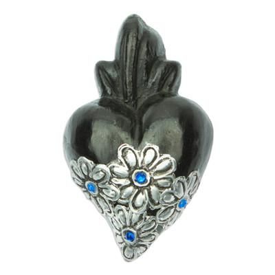 'Heart-shaped Black Ceramic Wall Art Handcrafted in Mexico'