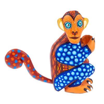 Playful Soul in Brown,'Painted Brown and Blue Copal Wood Alebrije Monkey Figurine'